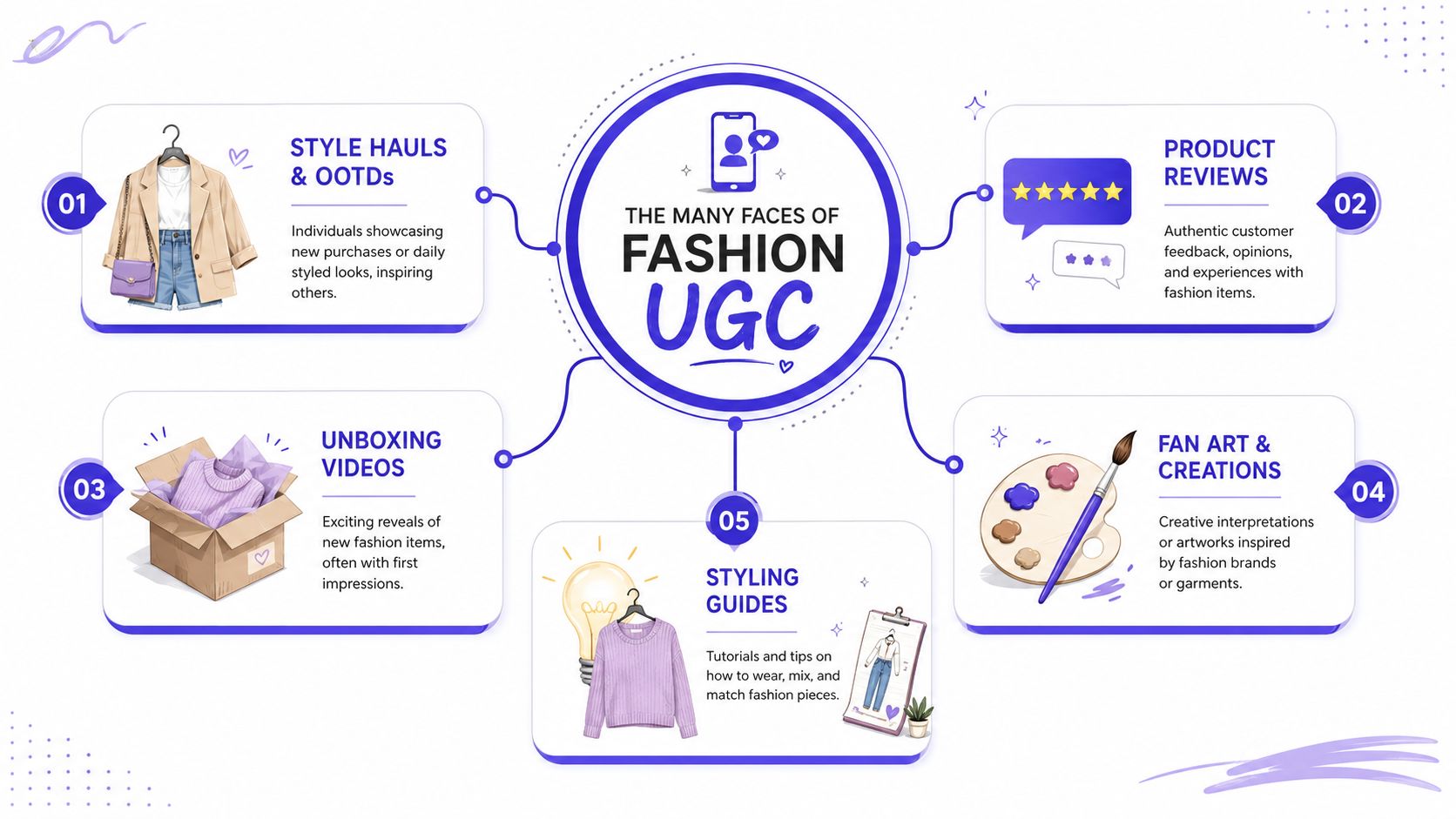 A visual infographic titled The Many Faces of Fashion UGC displaying five categories of user-generated fashion content.