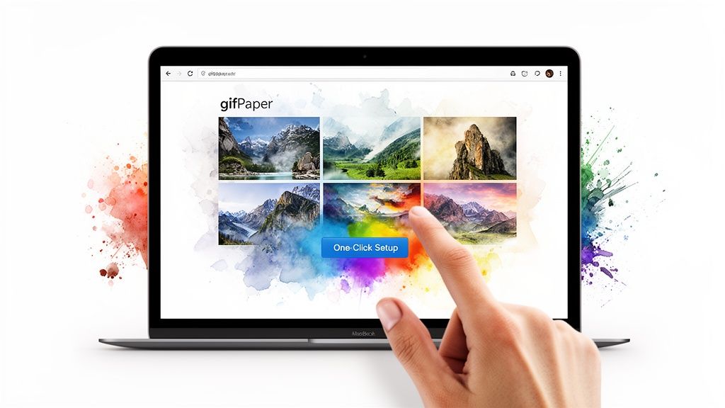 A hand points at a laptop displaying the 'gifPaper' website with six mountain wallpapers and a setup button.