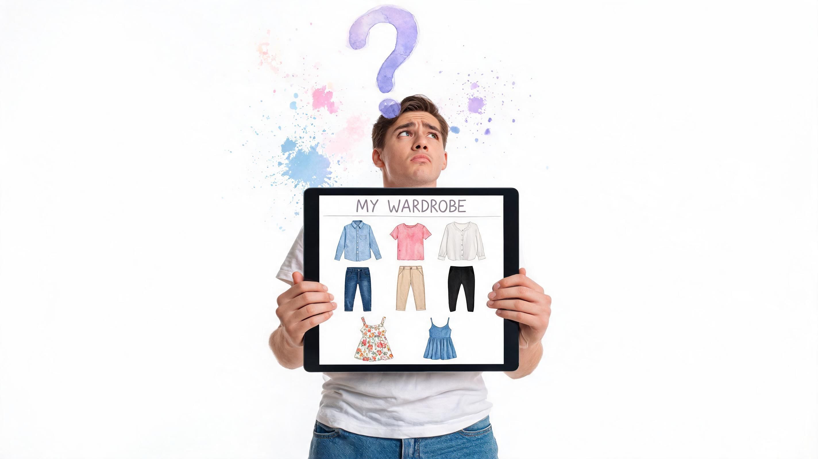 A man holding a tablet displaying a watercolor illustration of various clothing items for a wardrobe collection.