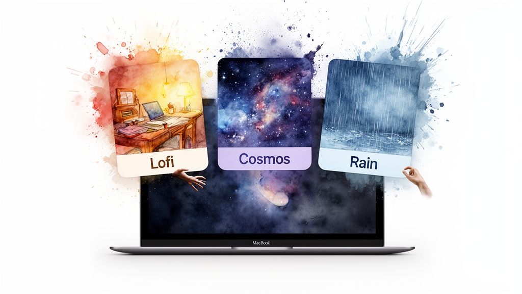 MacBook displaying a cosmic background with interactive cards for Lofi, Cosmos, and Rain themes, surrounded by paint splashes.