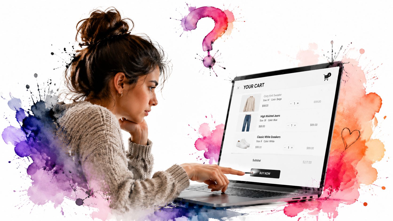 A young woman thoughtfully shopping online, hovering her finger over the buy now button on her laptop.