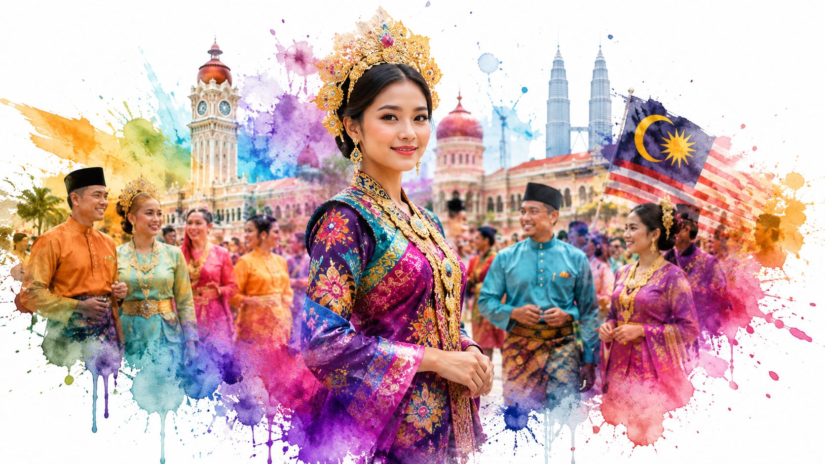 A woman in a traditional Malaysian dress stands in front of famous landmarks and festive crowd.
