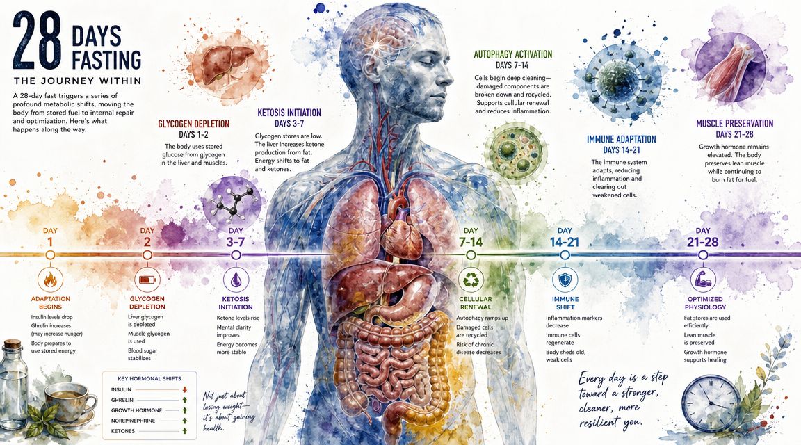 An infographic showing the physiological changes and metabolic stages of the body during a 28-day fasting journey.