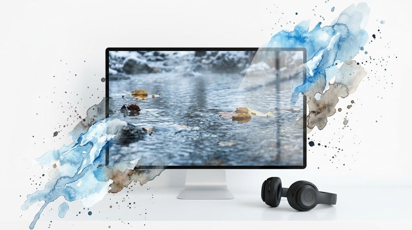 A modern computer monitor displaying a stream with autumn leaves, surrounded by artistic blue watercolor splashes.