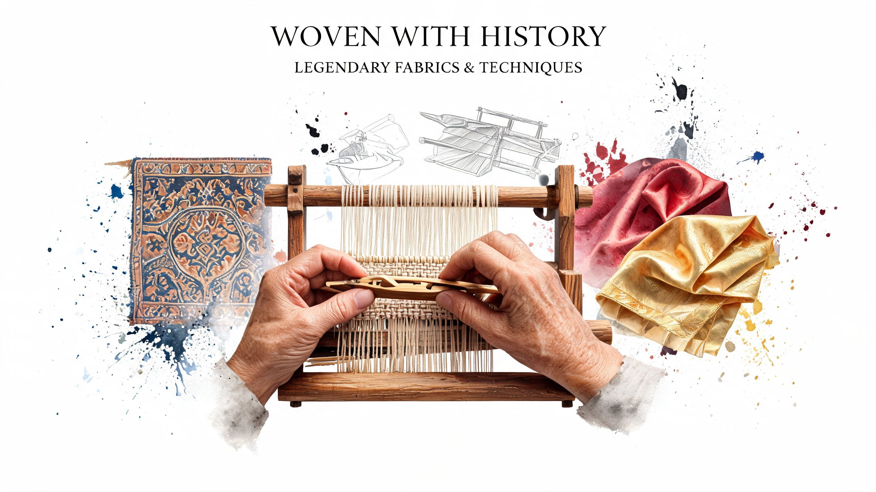 An artisan weaving intricate fabric on a traditional wooden loom, surrounded by artistic watercolor paint splatters.