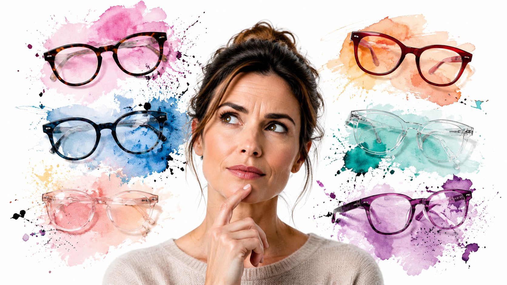 A woman contemplating which stylish reading glasses to choose from a selection of colorful options.
