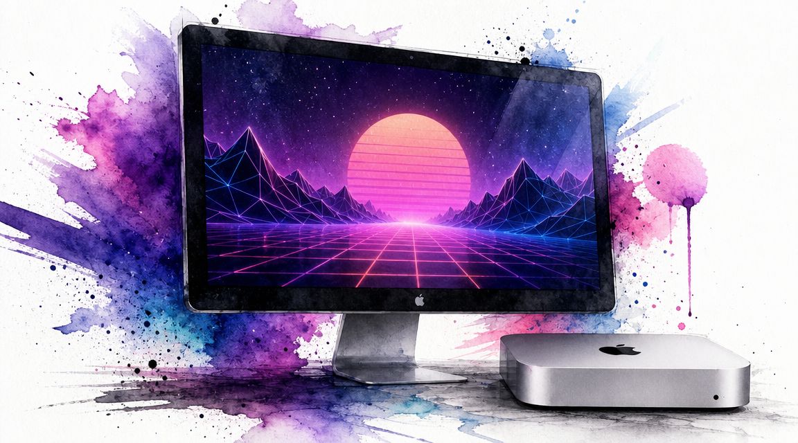 A silver Apple Mac Mini computer sits next to a monitor displaying a retro synthwave mountain landscape.