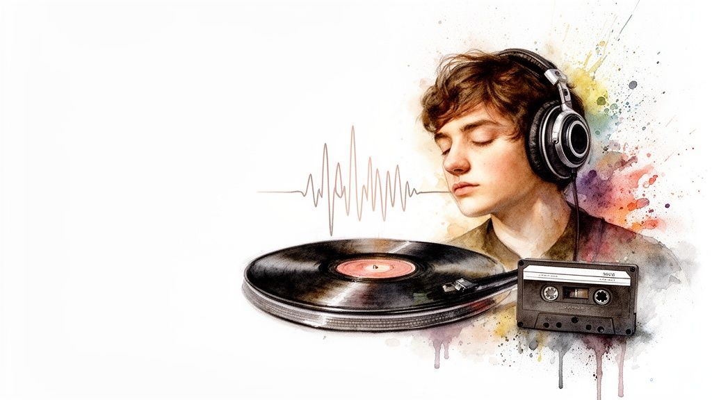 Watercolor of a person in headphones listening to music from a vinyl record and cassette tape.