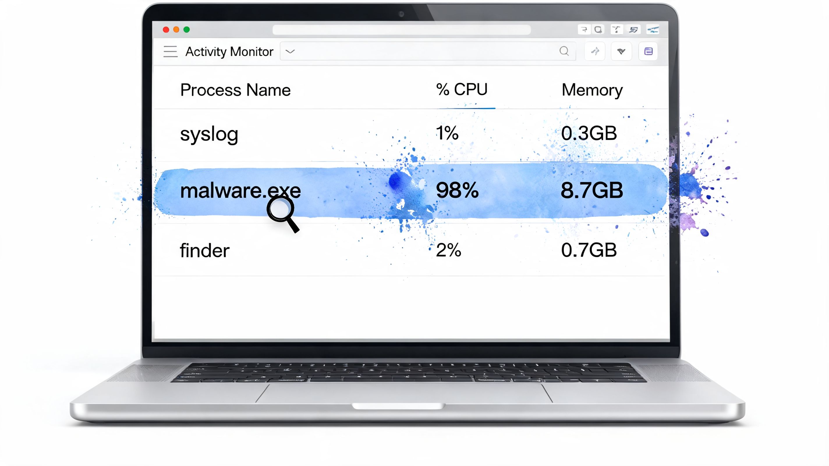 A laptop screen displaying an activity monitor window showing high CPU and memory usage by a malicious process.