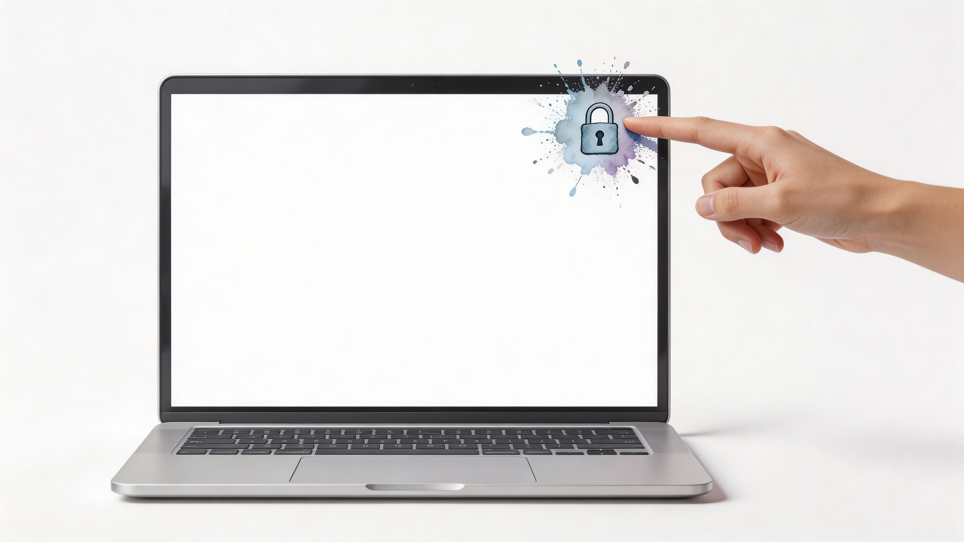 A hand pointing at a glowing digital padlock icon on a laptop screen symbolizing cybersecurity protection.