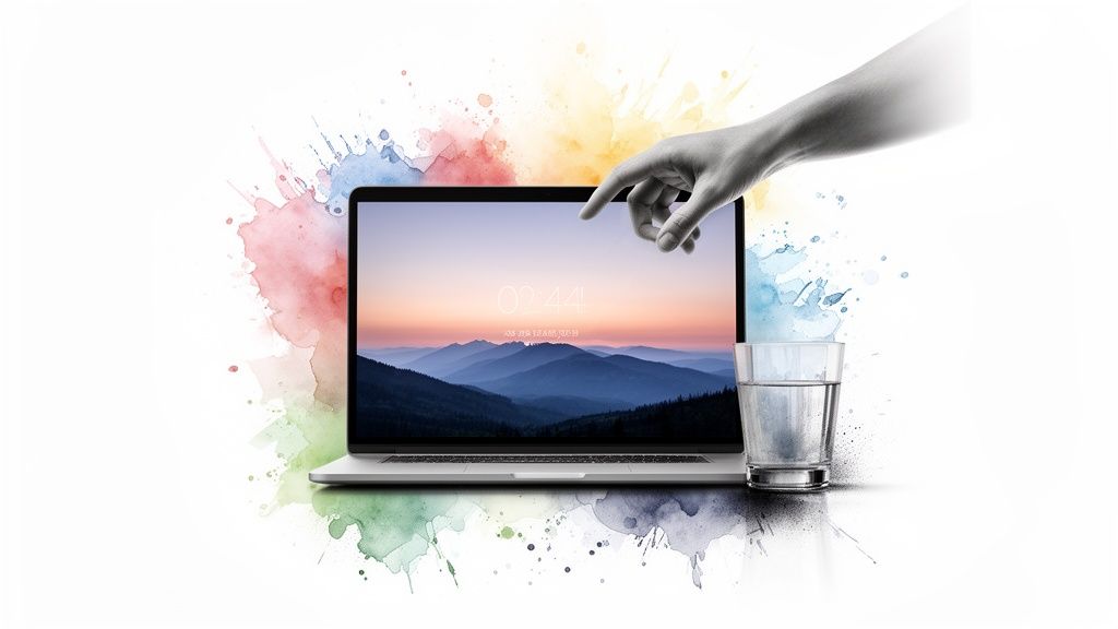 A hand points at a laptop displaying a vibrant mountain sunset wallpaper, alongside a glass of water and colorful splashes.