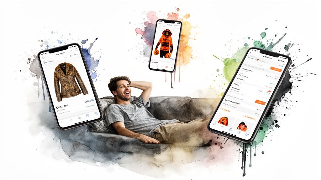 Man happily shops for costumes on three smartphones, relaxing on a couch.