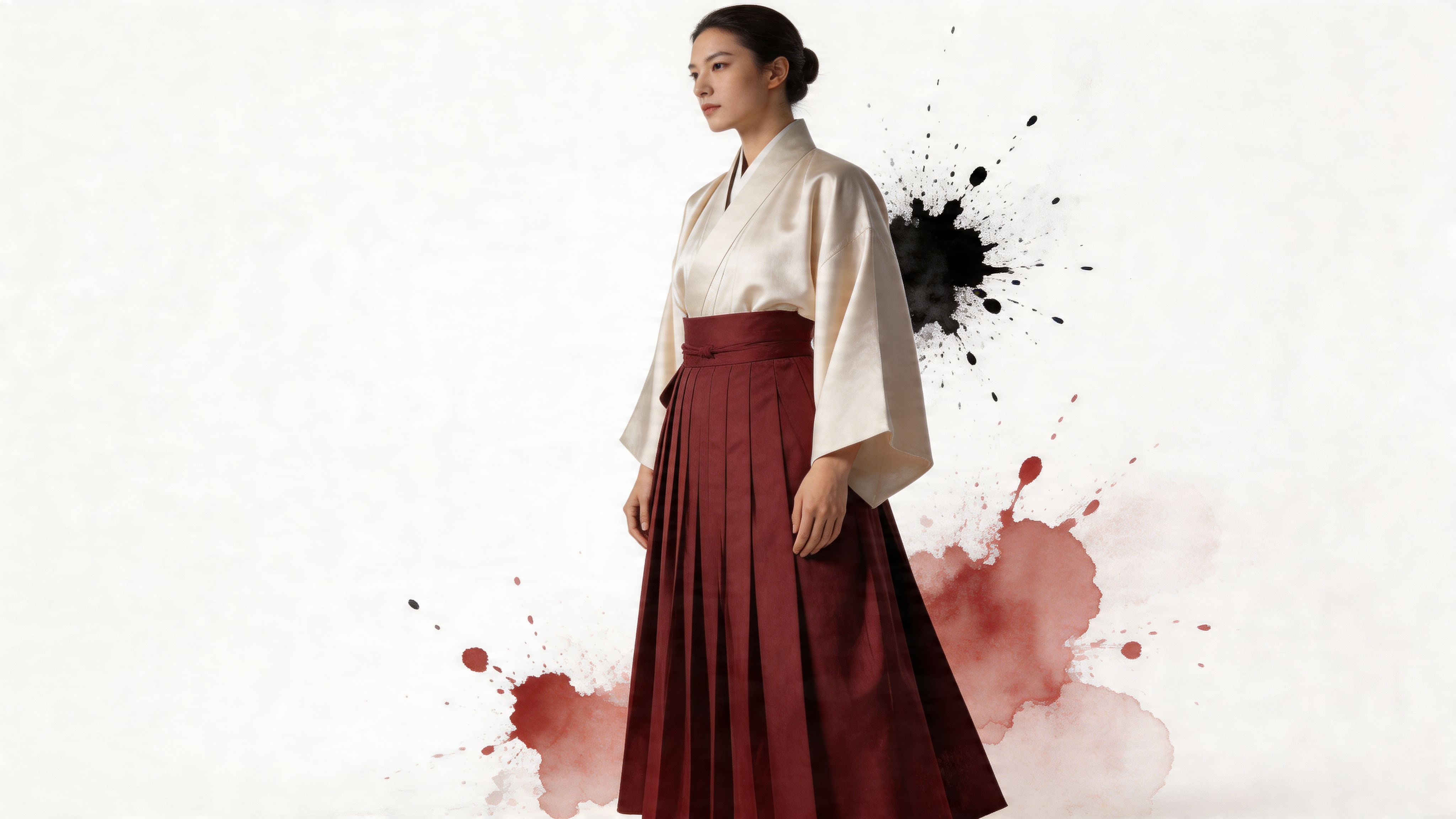 A woman wearing traditional Japanese hakama clothing standing against a white background with ink splash art