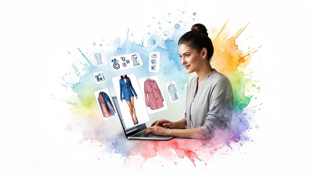 A smiling woman uses a laptop to browse fashion designs and clothing, surrounded by colorful watercolor.