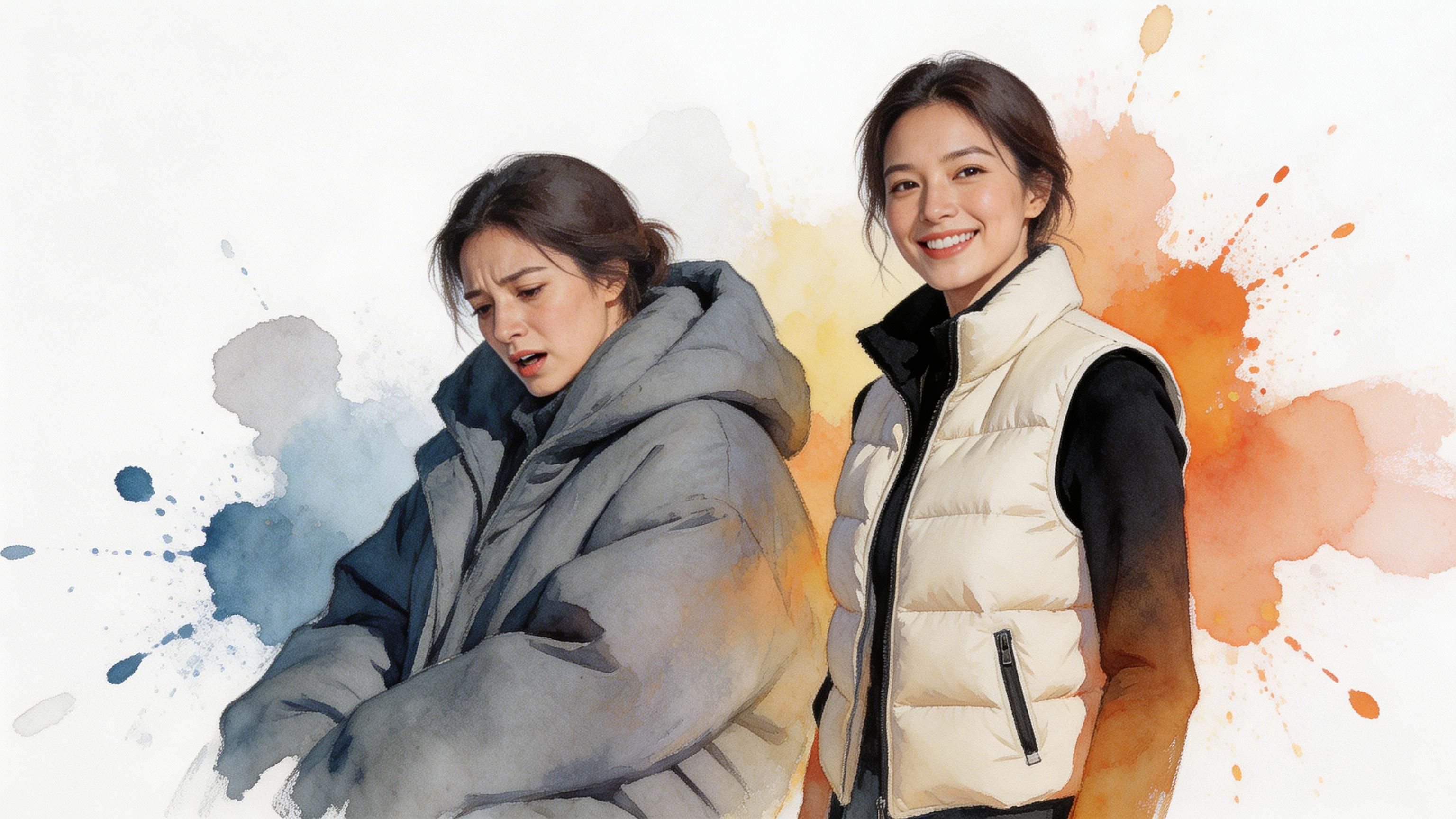 Two young women demonstrating winter fashion, one wearing a cozy gray puffer jacket and another a cream vest.