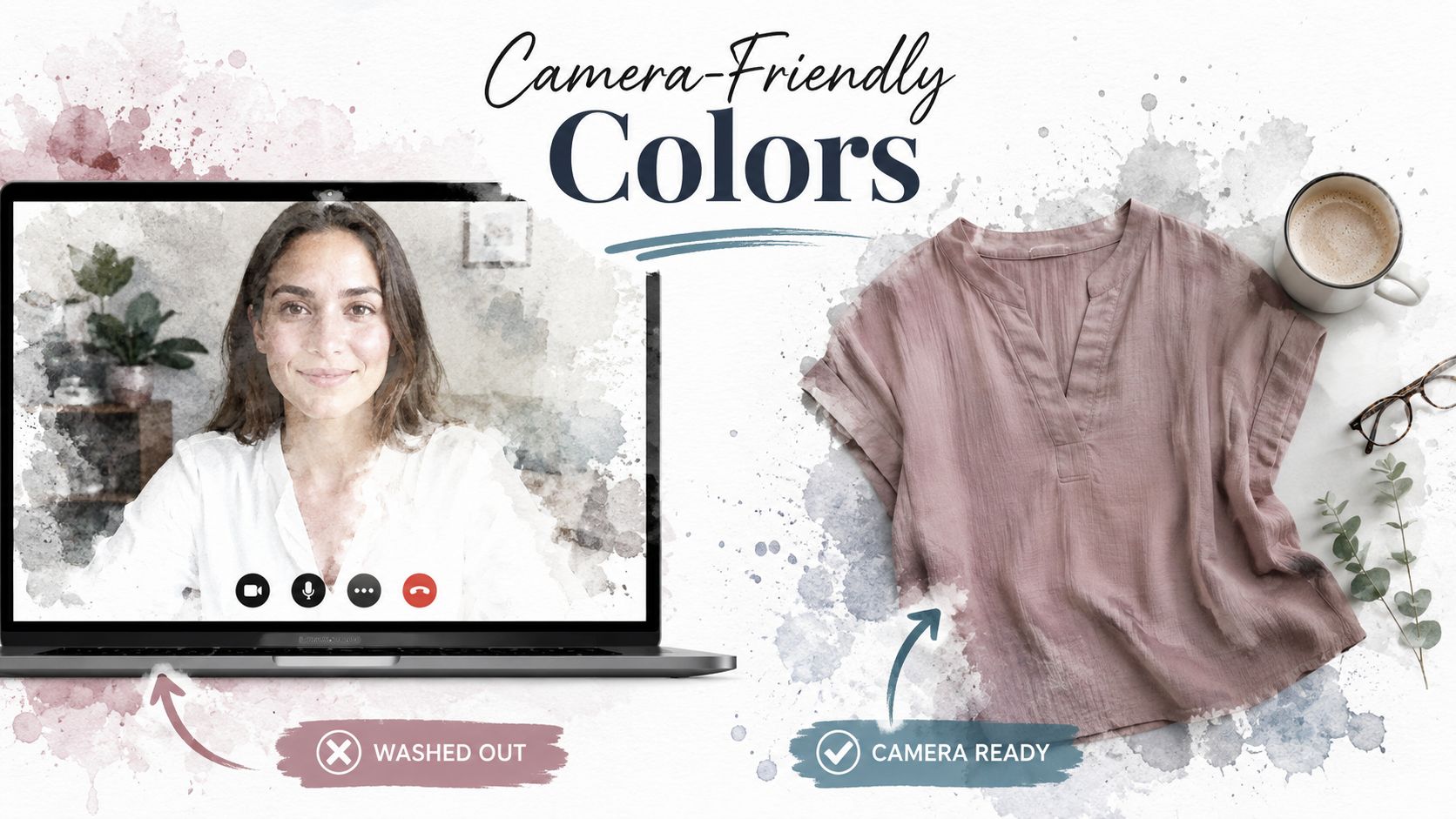 A comparison showing a woman in a white top looking washed out versus a flattering mauve top.