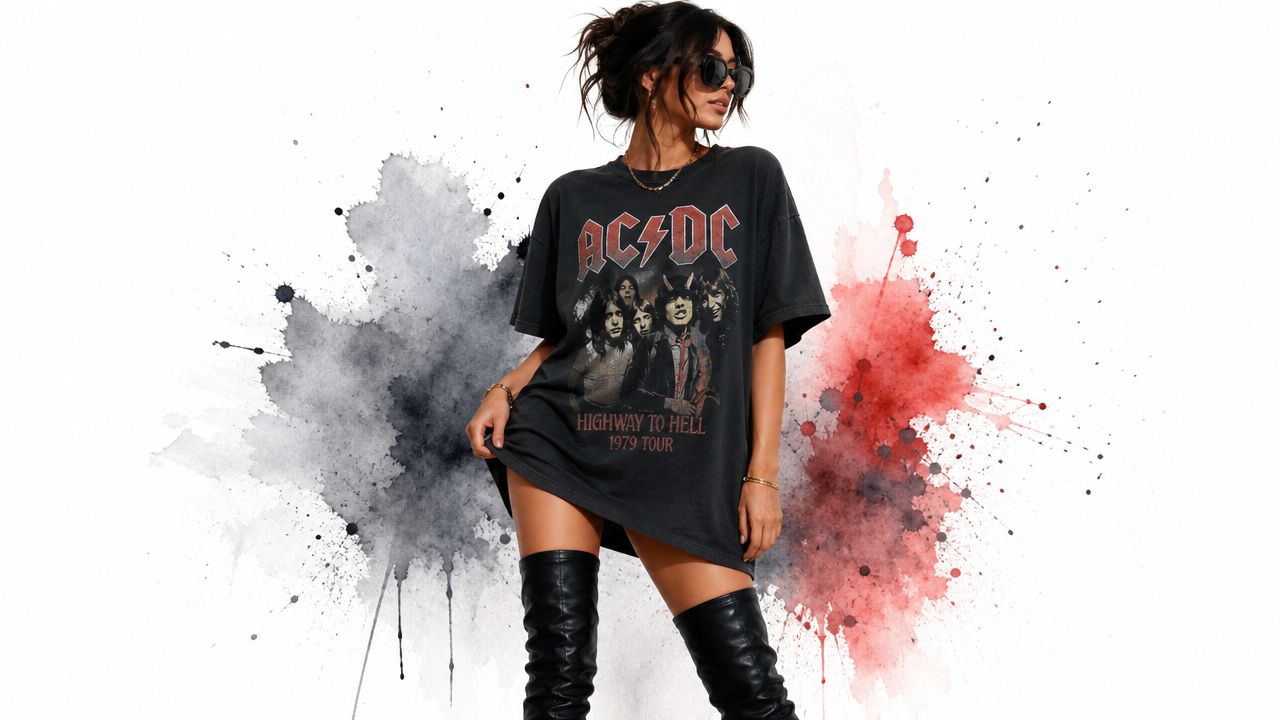 A stylish woman wearing an AC/DC band t-shirt and thigh-high leather boots against a watercolor background.