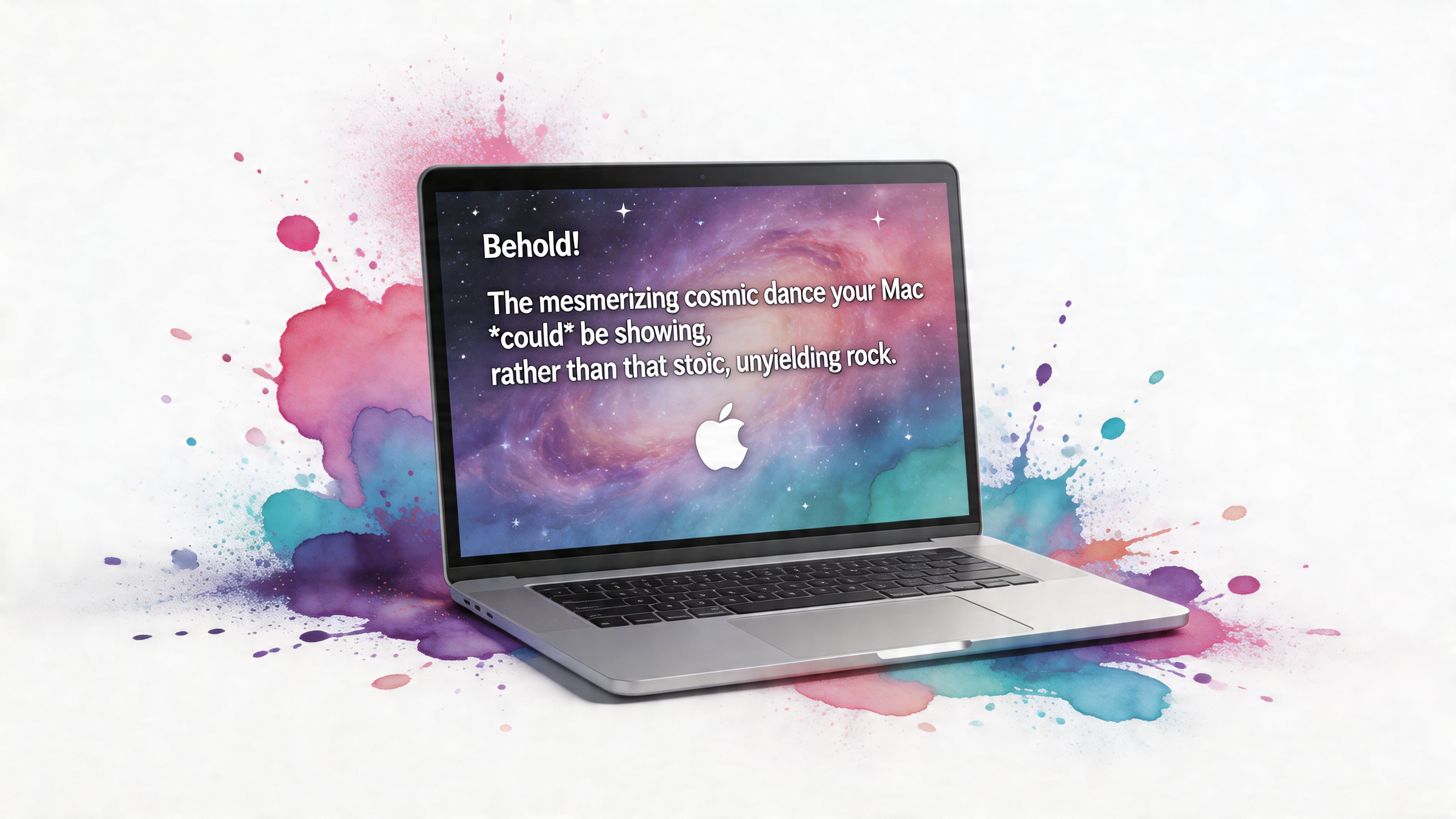 A silver MacBook displaying a vibrant cosmic galaxy wallpaper against a colorful artistic watercolor ink splash background.