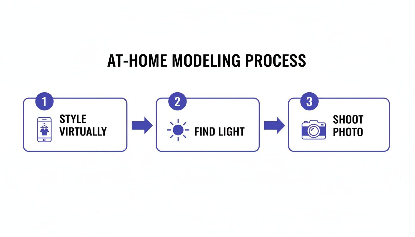 A three-step diagram outlining the at-home modeling process: style virtually, find light, and shoot photo.