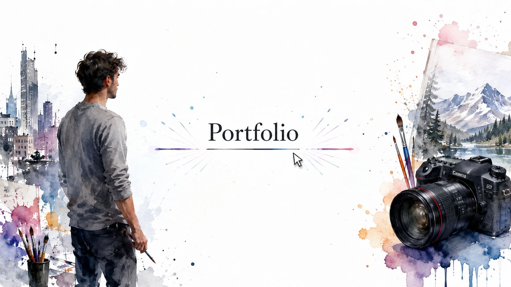 A creative artist looking at a cityscape and a camera with a central portfolio label