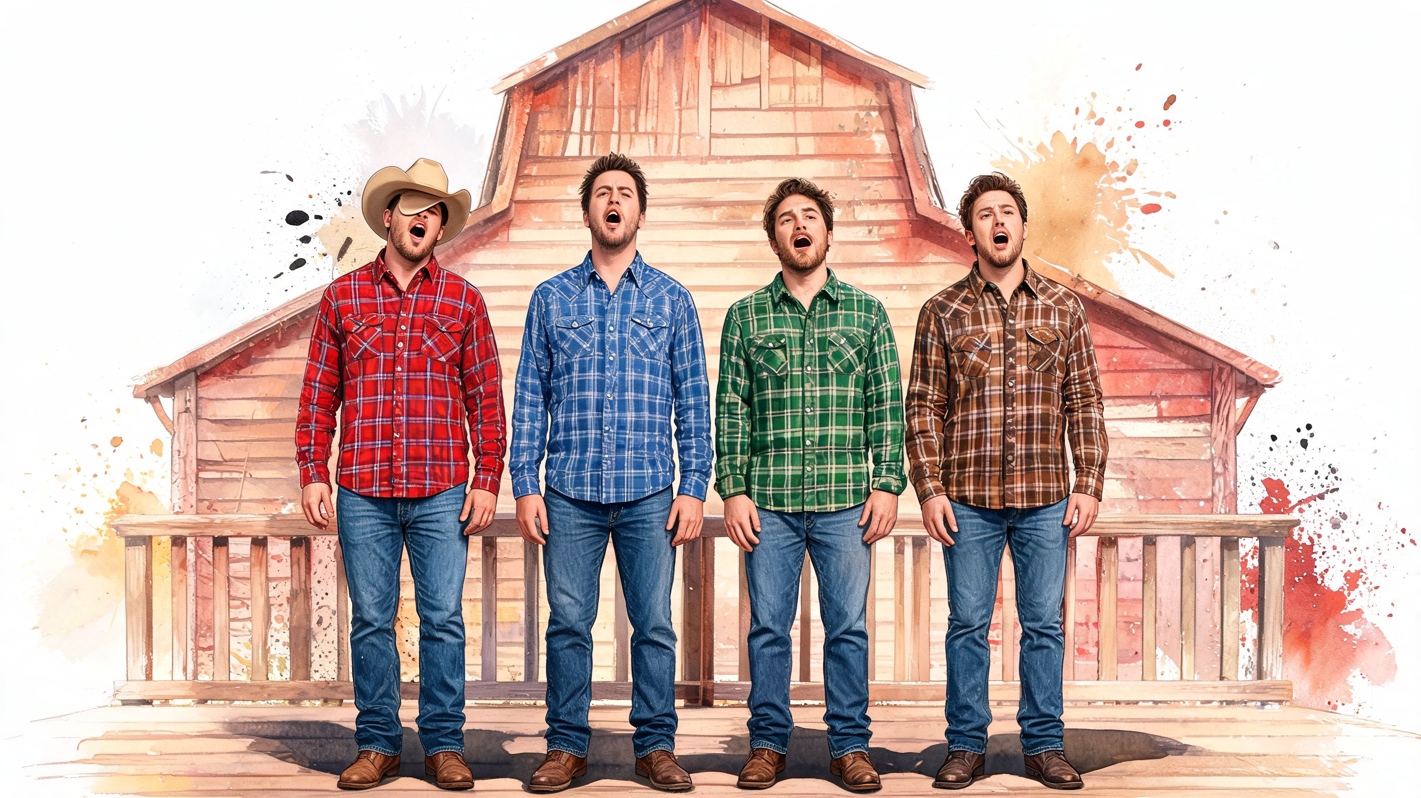 Four men in plaid shirts singing together in front of a rustic wooden barn watercolor illustration.