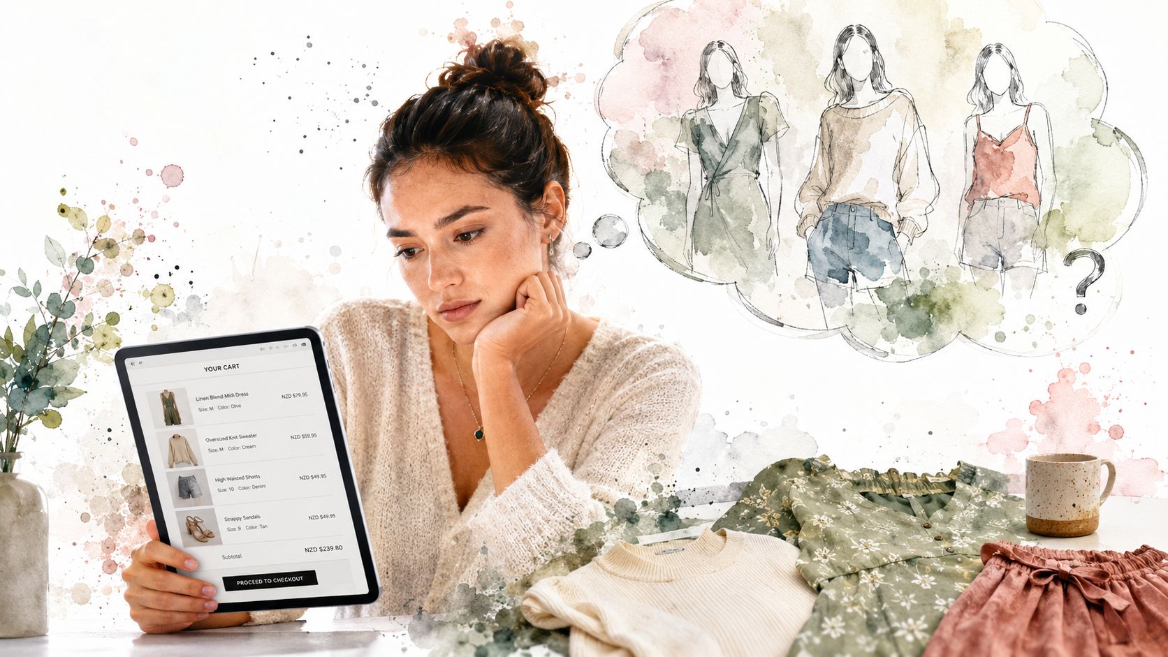A woman looks thoughtful while browsing an online clothing store on her tablet to buy new outfits.