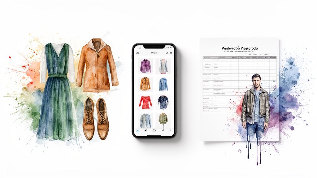 Artistic watercolor fashion concept showing clothing items, a digital wardrobe app, and an inventory list.