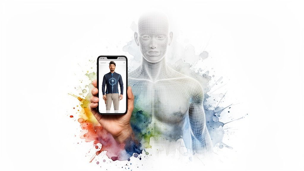 Digital body scanning concept with smartphone displaying a man, overlaid on a wireframe human model.