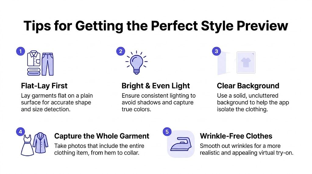 A guide listing five tips for capturing clothing for an app virtual try-on featuring icons and text.
