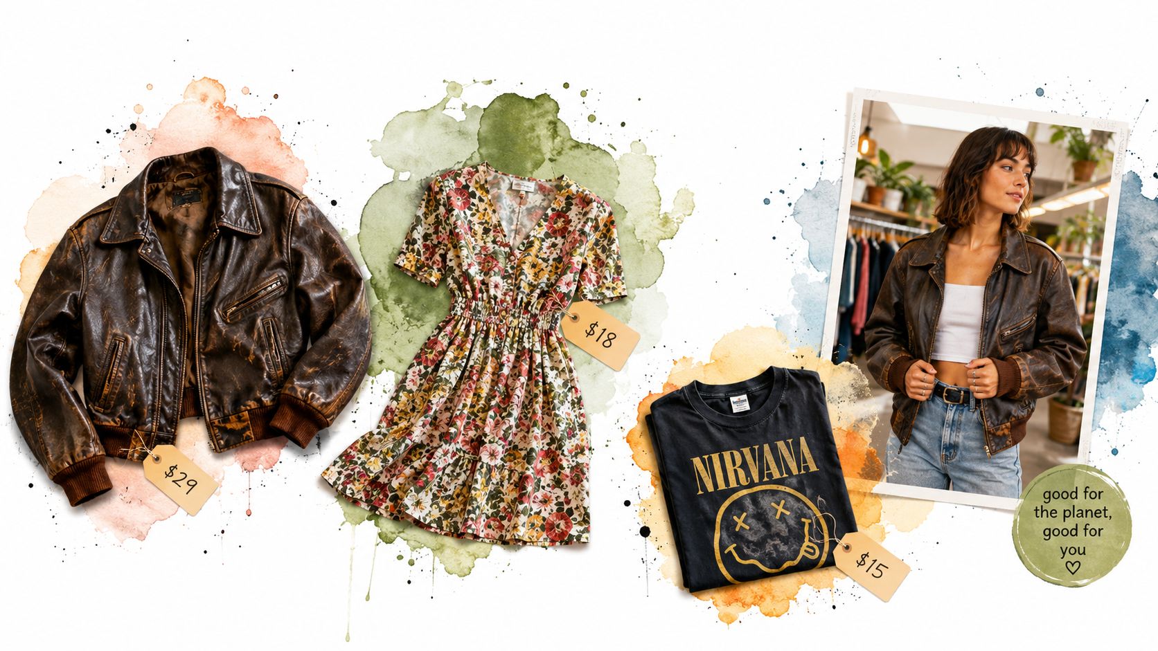 A collection of vintage clothing including a leather jacket, floral dress, and band t-shirt with prices.