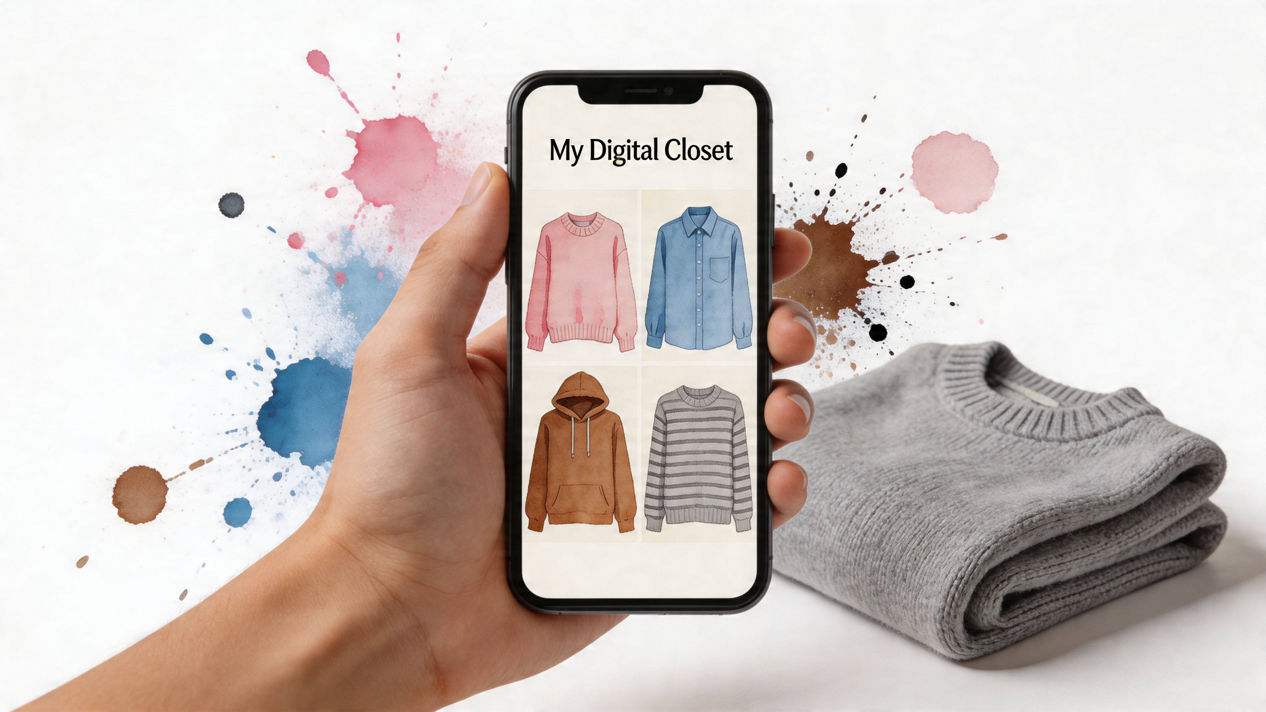 A hand holds a smartphone displaying a digital closet app containing watercolor illustrations of clothing.