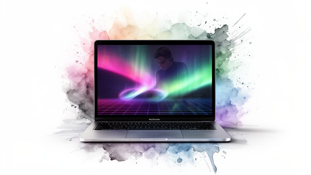 A silver laptop with a vibrant, retro-futuristic screen saver showing a person and colorful lights amidst watercolor splashes.