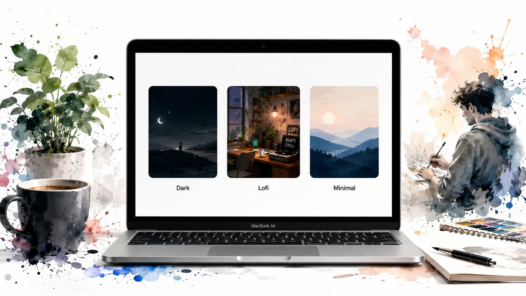 A MacBook Air displaying aesthetic wallpaper options including dark, lofi, and minimal styles on a creative desk.