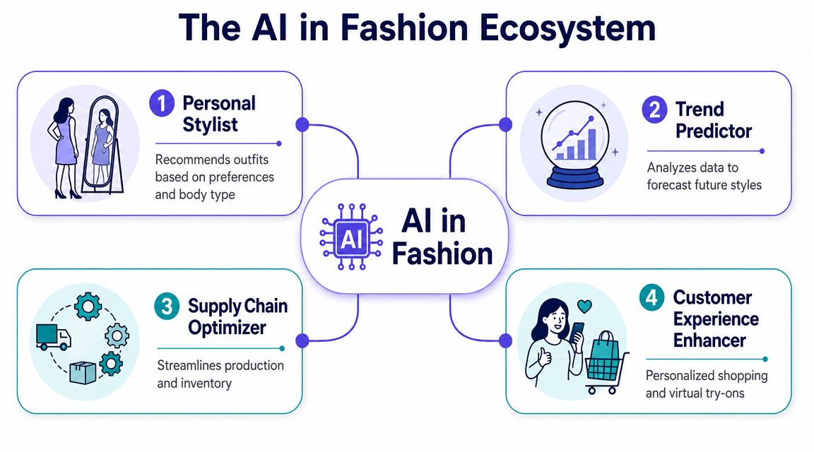 A diagram illustrating the AI in Fashion ecosystem including personal styling, trend prediction, supply chain, and customer experience.
