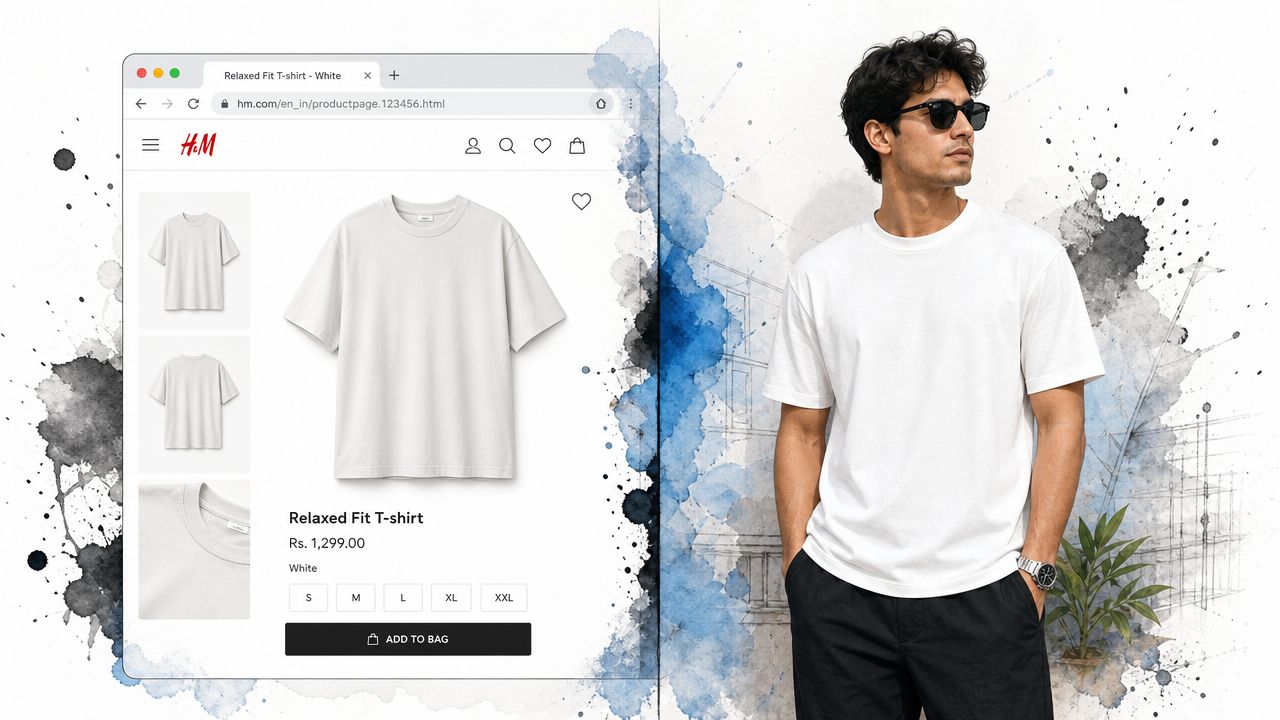 A digital mockup of an H&M product page for a white relaxed fit t-shirt next to a man wearing it.