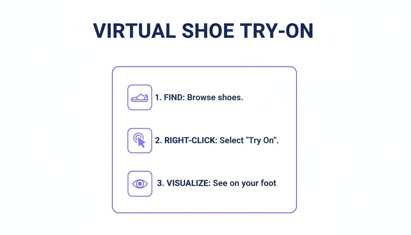 Infographic illustrating a three-step virtual shoe try-on process: browse, select, visualize.