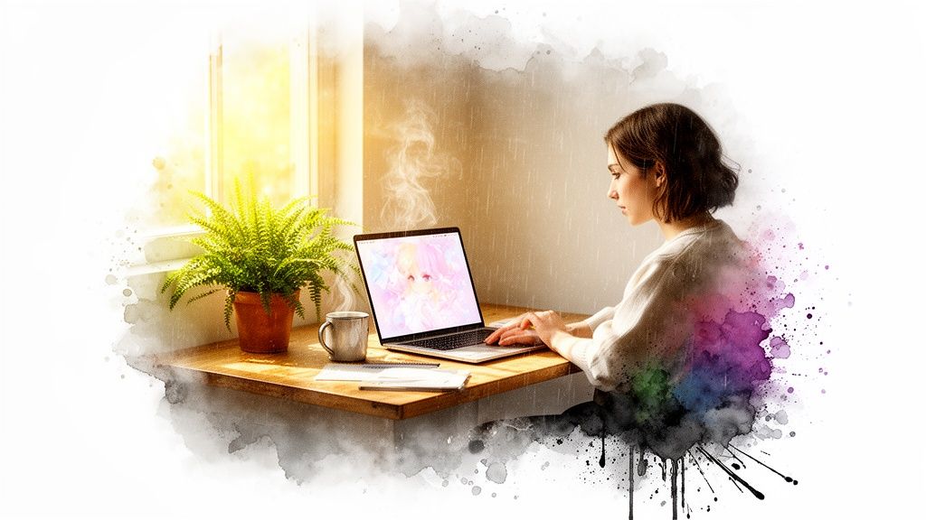 A woman works on a laptop with an anime image, a plant, and a mug, enhanced by watercolor artistic effects.