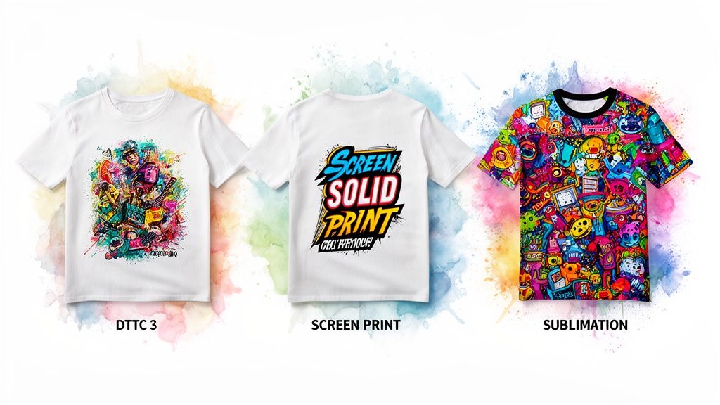 Three white t-shirts showcasing different vibrant printing techniques: DTTC 3, screen print, and sublimation.
