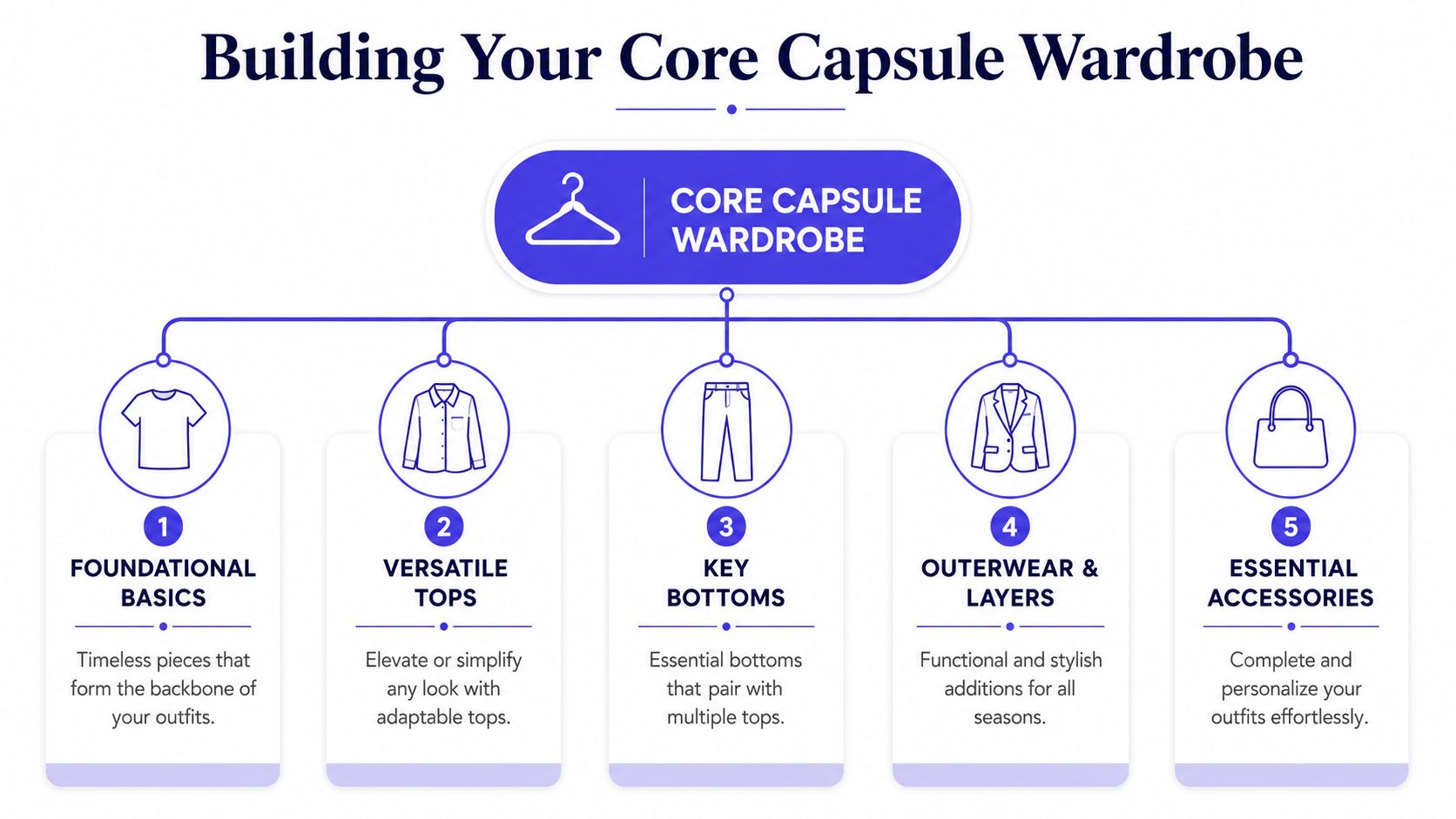A diagram illustrating the five essential categories for building a functional and versatile core capsule wardrobe.