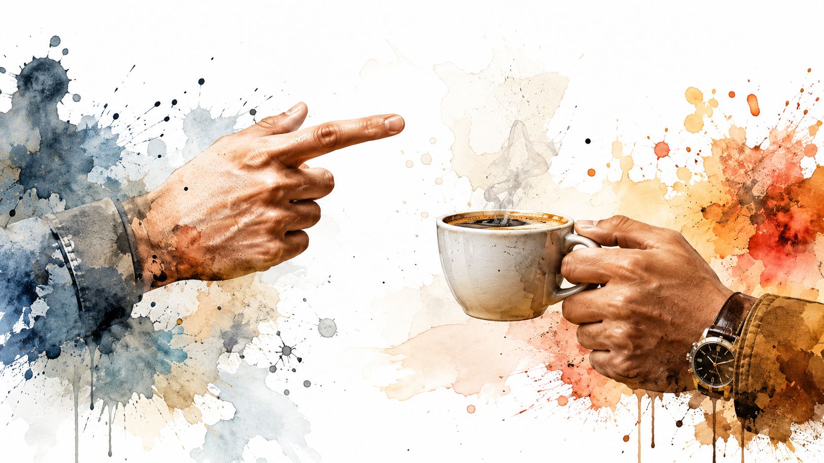 A watercolor artistic illustration showing one hand pointing at a steaming cup of coffee held by another hand.