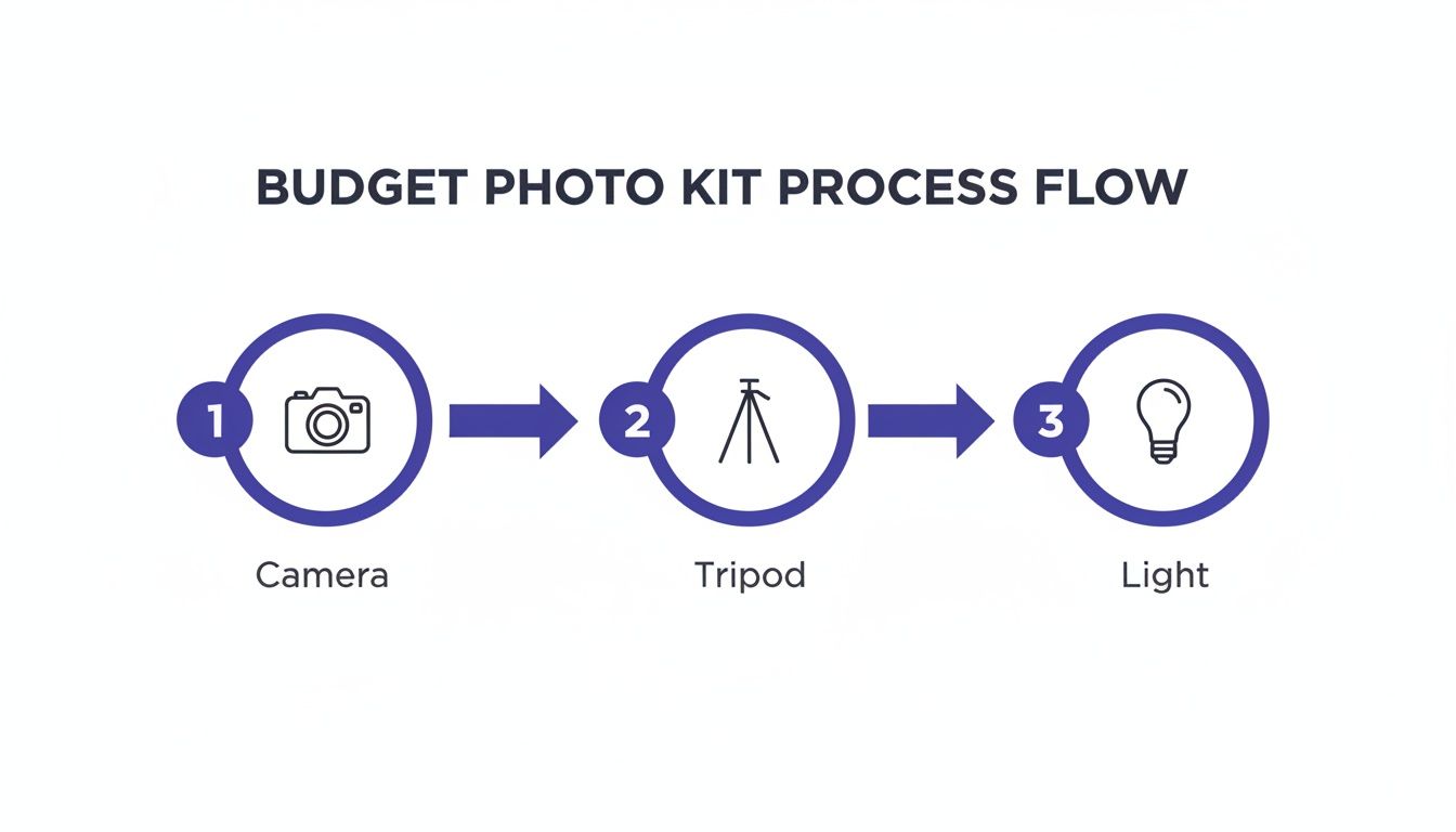 Process flow for a budget photo kit setup, detailing steps for camera, tripod, and light.
