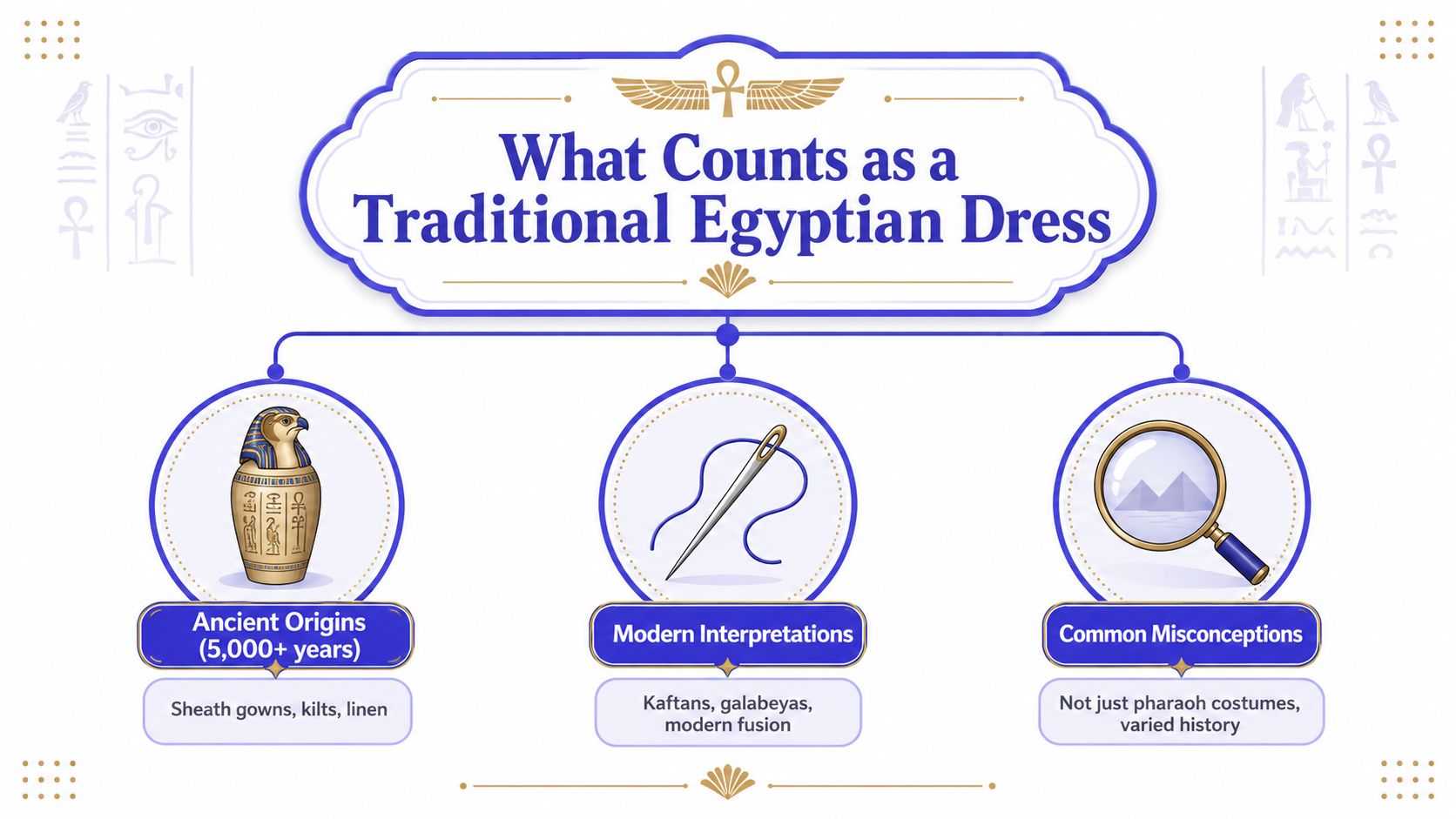 An infographic titled What Counts as a Traditional Egyptian Dress showing ancient origins, modern interpretations, and misconceptions.