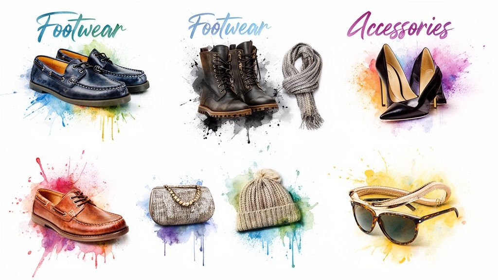 A collection of fashion items including men's boat shoes, boots, a scarf, high heels, a clutch, a knit hat, and sunglasses.