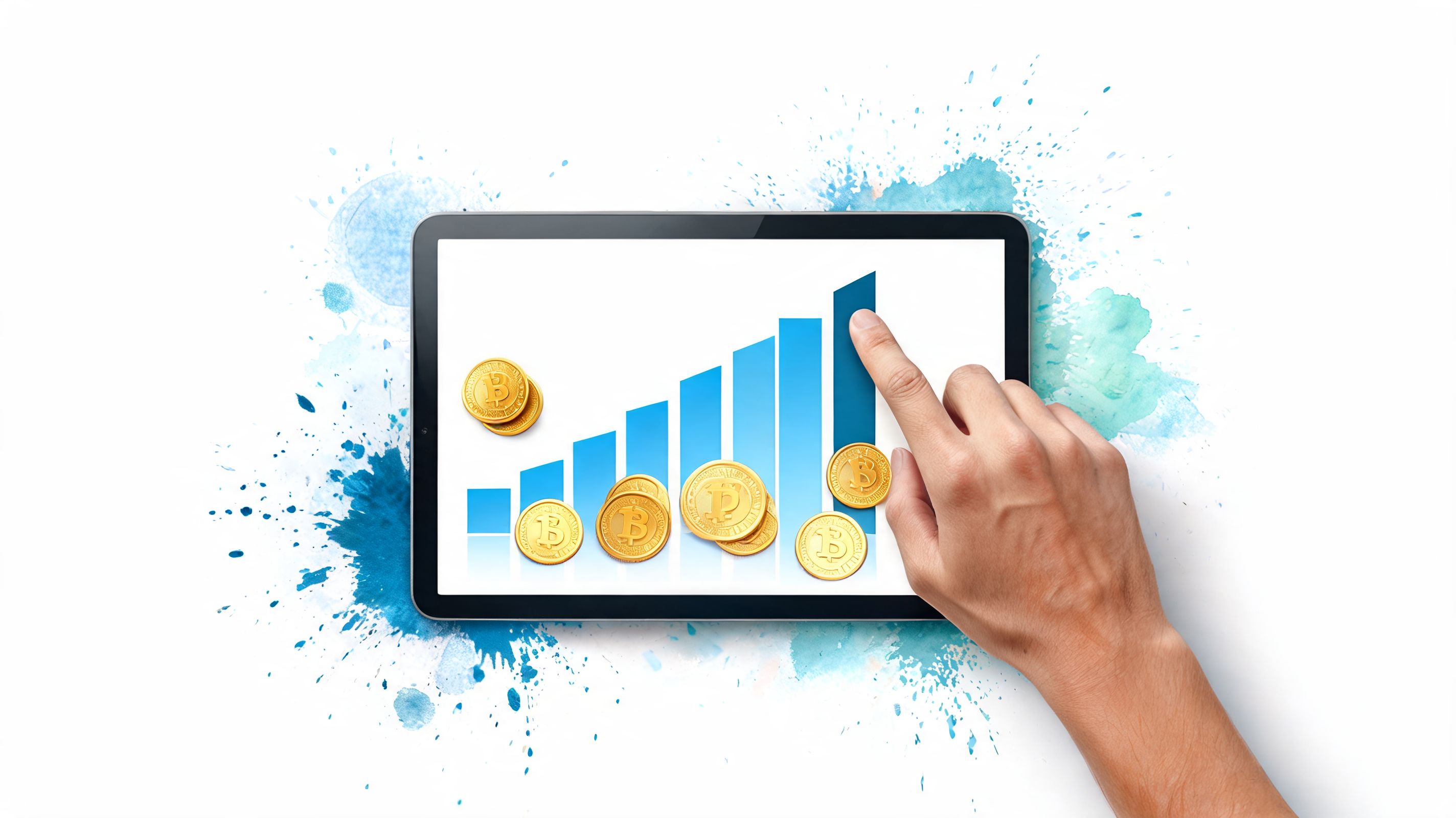 A human hand touches a tablet screen showing a rising blue bar chart with golden cryptocurrency coins.