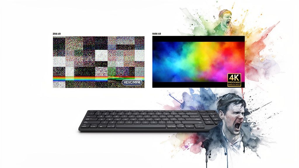A keyboard below two screens comparing fuzzy video to vibrant 4K, with screaming men in watercolor art.
