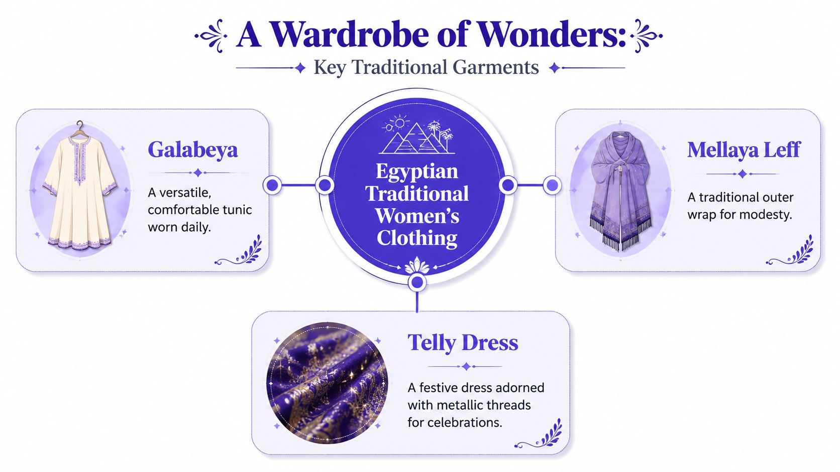 A visual guide titled A Wardrobe of Wonders showing Egyptian traditional women's clothing like Galabeya, Mellaya Leff, and Telly Dress.