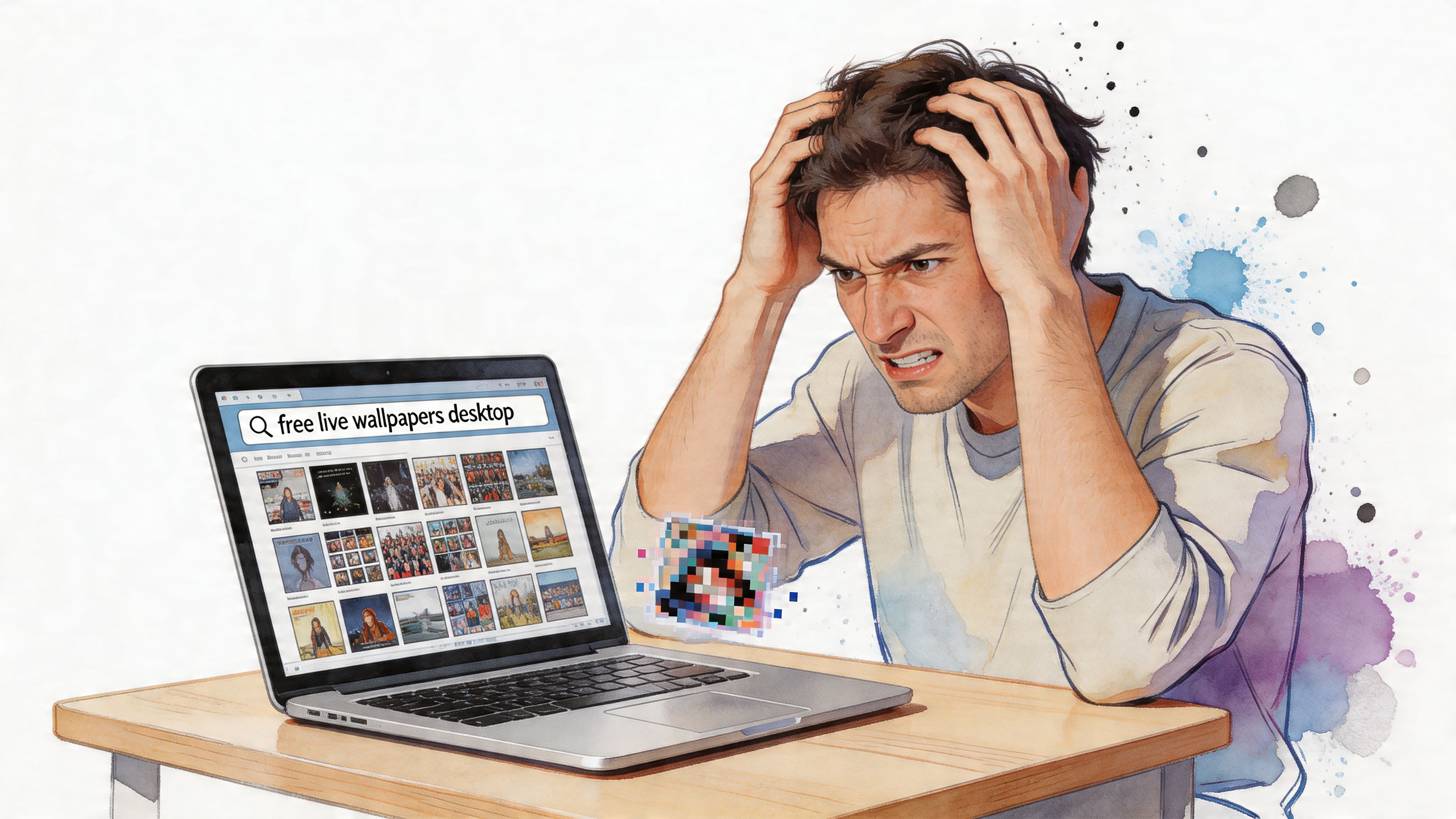 A frustrated man looking at a laptop screen displaying a search for free live wallpapers desktop.