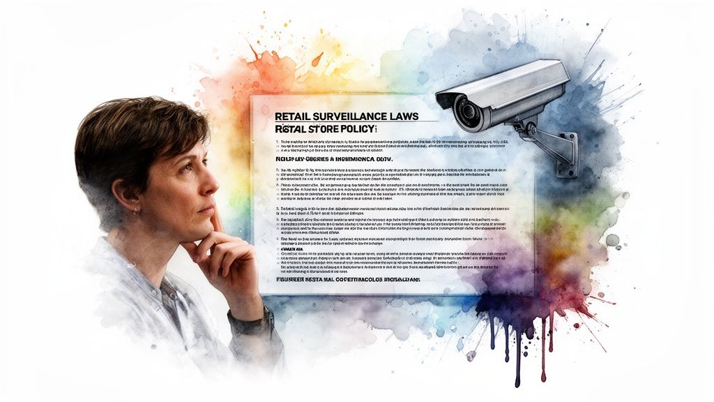 A woman looks thoughtfully at a sign displaying retail surveillance laws and a security camera icon.