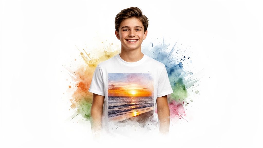 A smiling boy wears a white t-shirt with a vibrant sunset beach print, surrounded by colorful watercolor splashes.