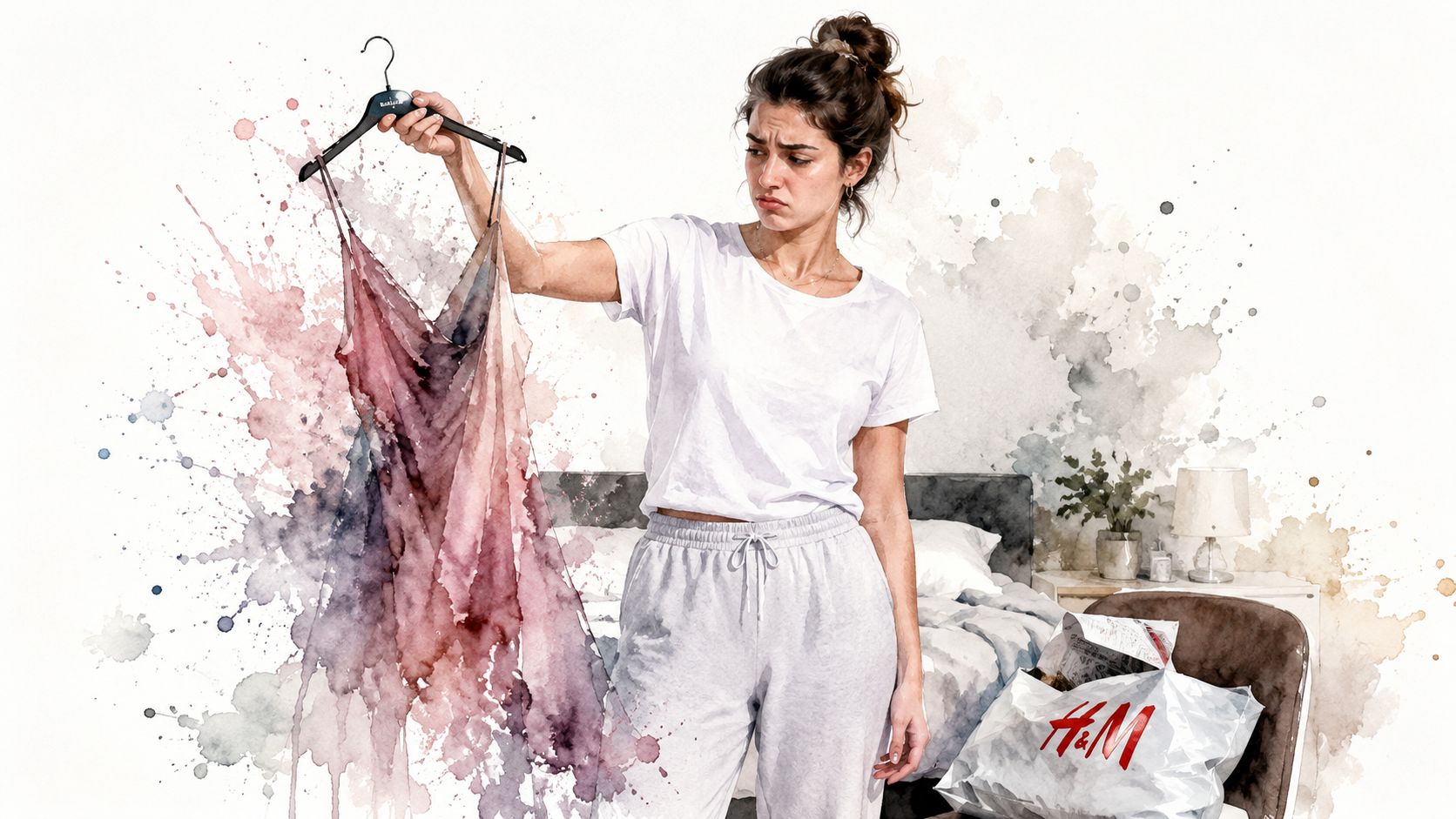 A woman looks dissatisfied at a watercolor style dress she purchased from an H&M shopping bag.